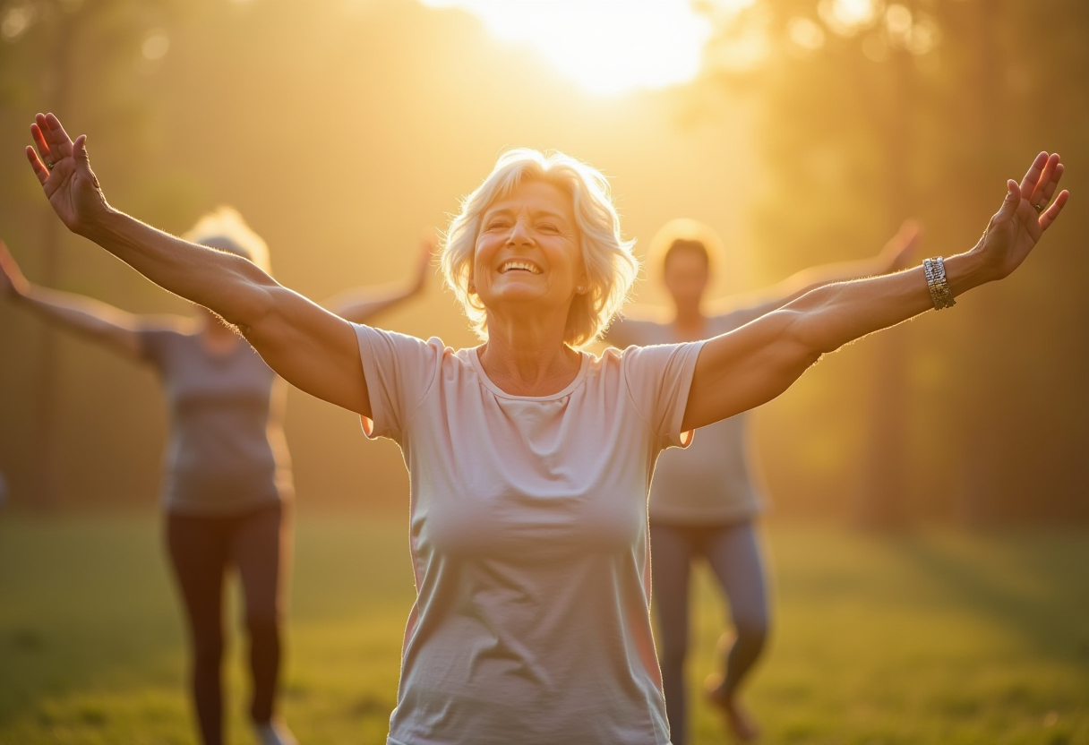 Йога на природі - група людей практикує асани серед дерев та квітів