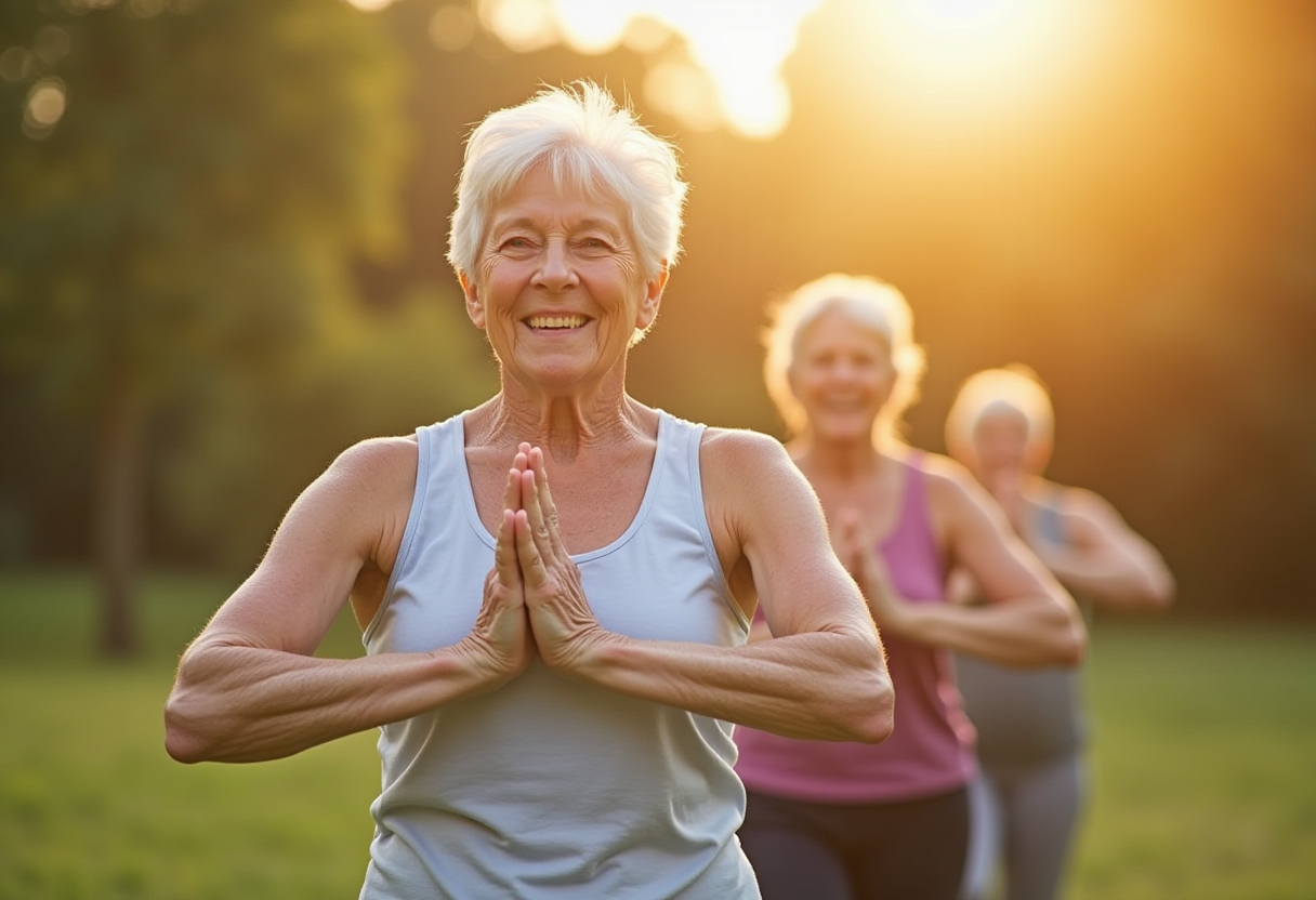 Друзі разом практикують йогу на природі - радісні обличчя та атмосфера підтримки